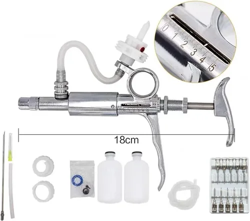 Vista 3 de Jeringa de inyección de 0.2 fl oz, pistola de inyección continua ajustable, jeringa semiautomática con 10 agujas para caballos, ganado, cerdos