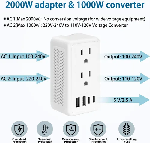 Vista 3 de Convertidor de voltaje de 2000W 220V a 110V EE. UU. a Europa para secadores Blanco