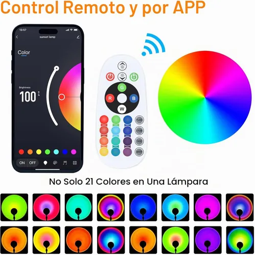 Vista 2 de Proyector de lámpara LED de puesta de sol, iluminación de estado de ánimo con cambio de 21 colores mediante aplicación y control remoto, iluminación