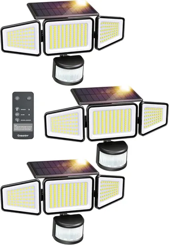 Vista 11 de Ensenior Luces solares de movimiento para exteriores, 228 LED de 3000 lúmenes, luces de seguridad de alto brillo con control remoto, IP65
