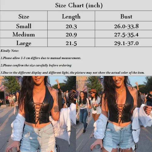 Vista 7 de Camiseta corta sin mangas de piel sintética sexy para mujer, con cordones, para club, fiesta, festival, raves