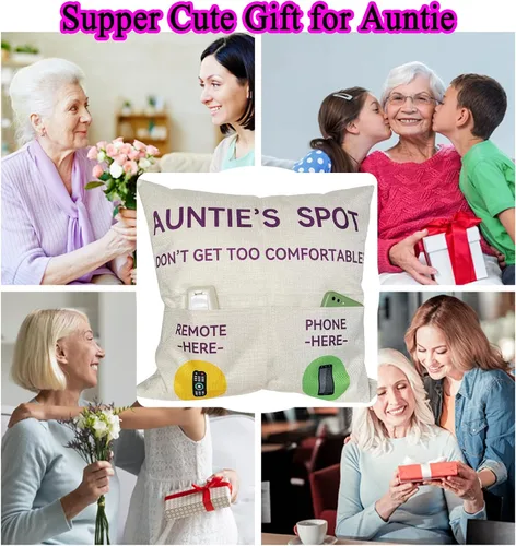 Vista 3 de ZUYUROU Regalos para Tía, Fundas de Cojín Decorativo de 2 Bolsillos "Auntie's Spot" de 18x18 Pulgadas + Cuchara Grabada, Regalos para el Día