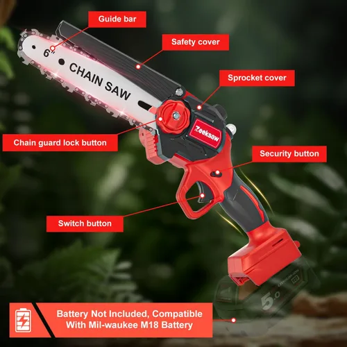 Vista 6 de Mini motosierra inalámbrica para batería Milwaukee M18, motosierra de mano de 8 pulgadas y 6 pulgadas con auto-aceitador, mini motosierra de 2-EN-1