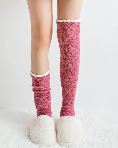 Vista 7 de Campsis Medias altas hasta la rodilla para mujer, calcetines cálidos y esponjosos hasta el muslo, calcetines acogedores de forro polar coral, regalo