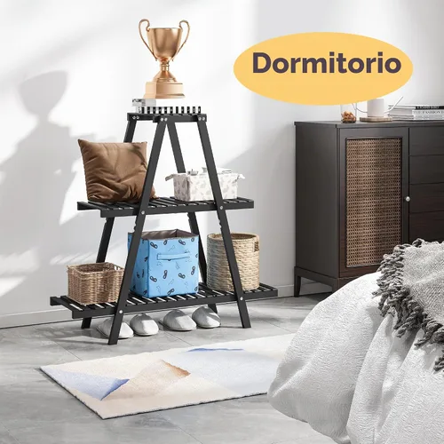 Vista 7 de Soporte de bambú para plantas interior/exterior, 3 niveles, negro, rectangular, 8 macetas para flores, estante para plantas