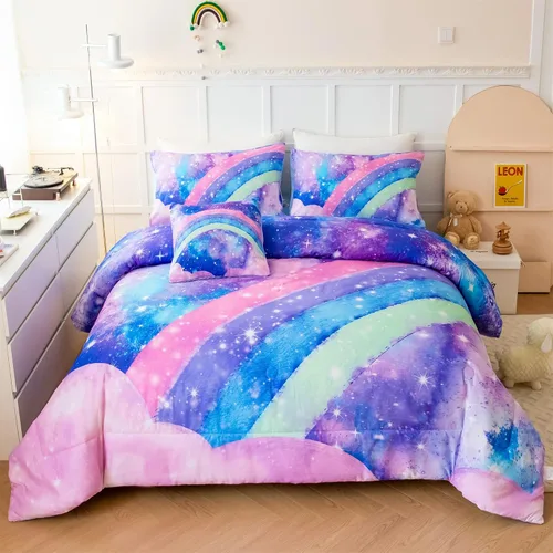 Vista 10 de ANGIYUIN - Juego de edredón infantil de gradiente arcoíris púrpura profundo, 6 piezas, ropa de cama con purpurina brillante para niñas, juego