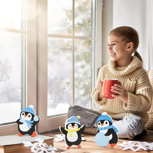 Vista 7 de COCHIE Decoraciones de Navidad de pingüinos para interior, lindo juego de decoración de bandeja escalonada de pingüinos de invierno de 3 piezas