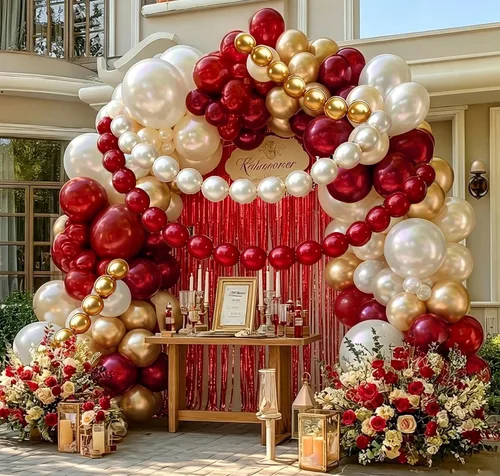 Vista 6 de Arco de globos de oro rojo y blanco, doble relleno, kit de guirnalda de globos de enlace rojo, cortina de flecos para cumpleaños, despedida de Oro