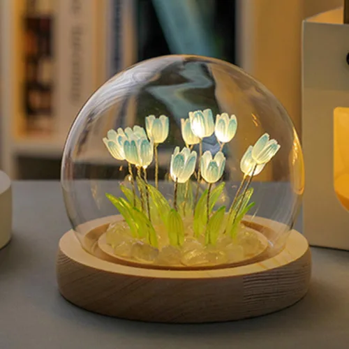 Vista 2 de Luz nocturna de tulipanes de bola de cristal, lámpara de noche de flores de bola de vidrio con base de madera, regalos de tulipanes para mujeres
