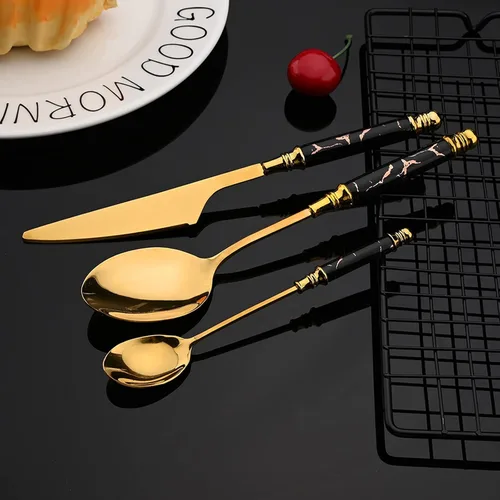 Vista 6 de JASHII Juego de cubiertos con mango de plástico texturizado de mármol para 4, cubiertos de acero inoxidable, 20 piezas, incluye tenedor de cuchara