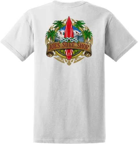 Vista 17 de Joe's Surf Shop - Camisetas de algodón pesado con gráficos en tamaño regular, grande y alto Logotipo de Longboard Ash / Sand