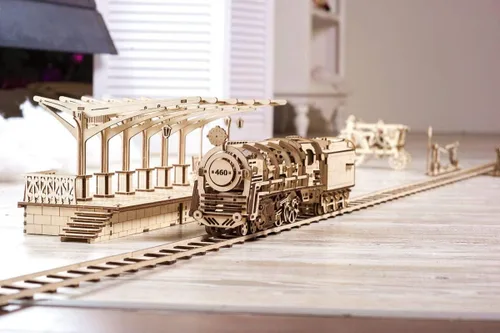 Vista 2 de Ugears Bundle 3 en 1, Locomotora + plataforma ferroviaria + carriles mecánicos rompecabezas 3D, rompecabezas eco-amigable, regalo para armar uno