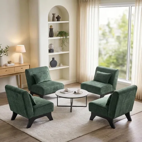 Vista 23 de Silla de acento tapizada sin brazos, sillas modernas y cómodas para sala de estar con patas de madera y almohadas, sofá cama lateral para dormitorio