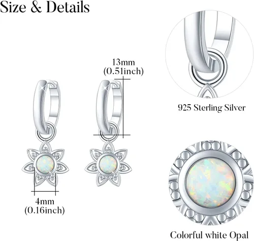 Vista 2 de Sun Flower Earrings 925 Sterling Silver Opal FlowerLeaf Hoop Charm Hoop Huggie Synthetic Opal Dangle Drop Earrings Jewelry Gifts for Women