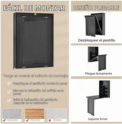 Vista 5 de Escritorio montado en la pared, escritorio flotante plegable de madera, escritorio convertible para computadora con área de almacenamiento, mesa