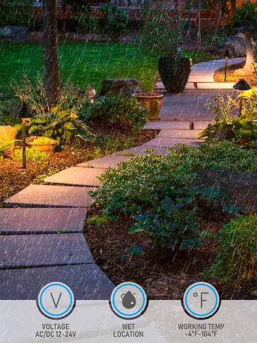 Vista 4 de LEONLITE Luz LED de camino de paisaje de bajo voltaje, 3 W 12-24 V CA/CC, iluminación de camino con cable, luz exterior para césped de patio, ETL