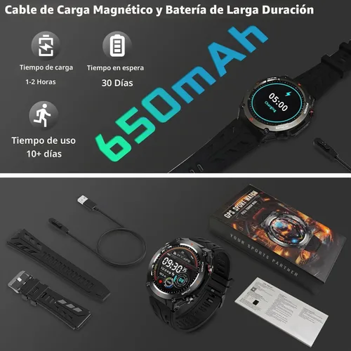 Vista 9 de Reloj inteligente militar con GPS, presión/altitud/brújula, reloj inteligente resistente para hombres con batería extragrande de 650 mAh