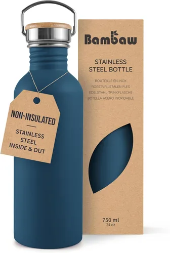 Vista 20 de Bambaw Botella de agua de acero inoxidable de 16 onzas, botella deportiva azul marino, no aislada, de pared simple, botella de agua pequeña de metal