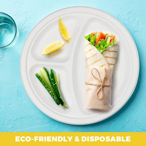 Vista 3 de NYHI Platos de compartimento resistentes, platos divididos desechables de 9 pulgadas con 3 compartimentos para adultos y niños, platos de papel