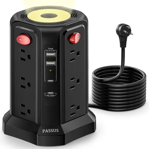 Vista 14 de Regleta de protección contra sobretensiones con torre y 5 puertos USB y luz nocturna, cable de extensión de 10 pies con 12 tomas múltiples de CA