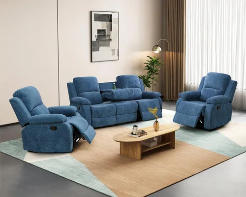 Vista 26 de Juego de sofá reclinable manual para sala de estar, juego de muebles de 3 piezas, sofá reclinable de tela Courduroy y dos sillas con mesa Azul