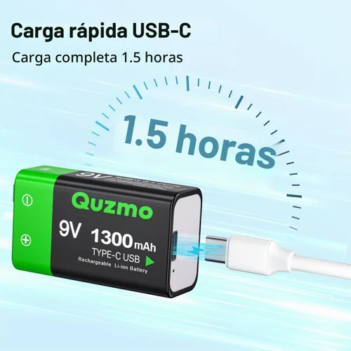Vista 4 de Paquete de 2 baterías recargables de iones de litio de 9 voltios, 1300 mAh de larga duración, recarga USB-C con cable de carga 2 en 1 para alarmas