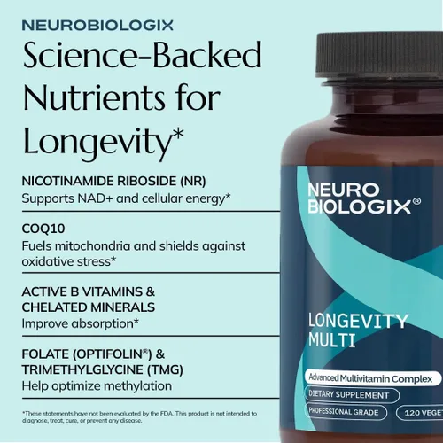 Vista 3 de Longevity Multi – Multivitamínico integral sin hierro con más de 40 nutrientes incluyendo NR, CoQ10 y vitaminas B activas – Multivitamínico diario