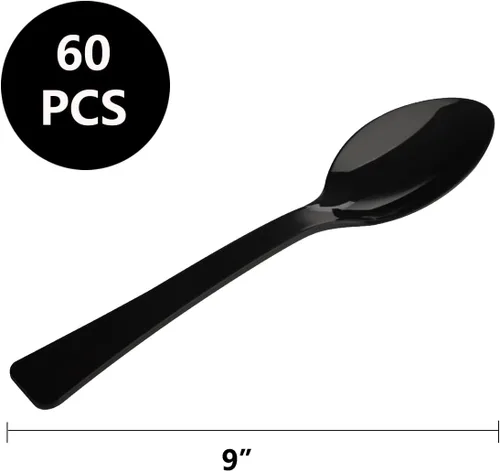 Vista 2 de Paquete de 60 cucharas de plástico negro para servir, juego a granel de 9 pulgadas, cubiertos desechables resistentes, utensilios resistentes al
