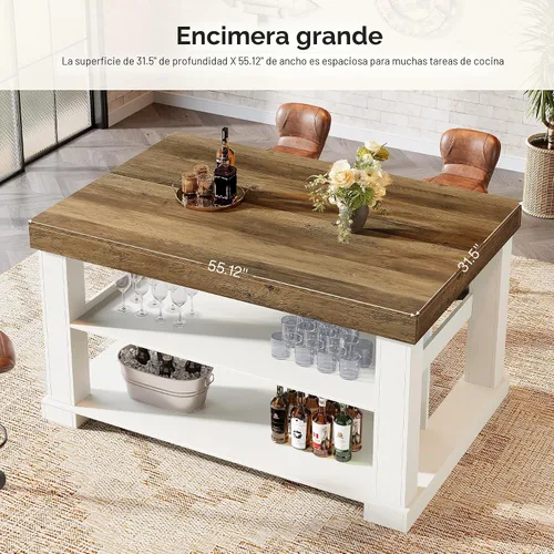 Vista 6 de Tribesigns Isla de cocina de 55 pulgadas con asientos y almacenamiento Mesa de isla estacionaria de madera con encimera grande y espacio