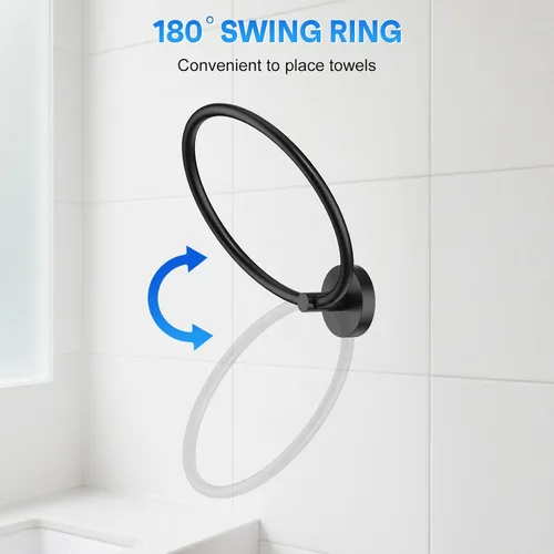 Vista 5 de Portatollas de Mano Atornillable Negro Mate Anillo para Toallas para Pared de Baño de Acero Inoxidable Colgador de Toallas Redondo para Accesorios