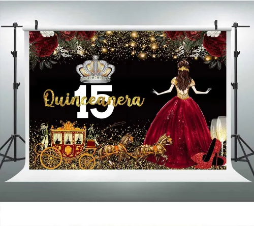 Vista 11 de Vestido rojo, fondo de flores de rosa, telón de fondo de cumpleaños de quinceañera para niña, princesa, feliz cumpleaños 15, carruaje de fotografía