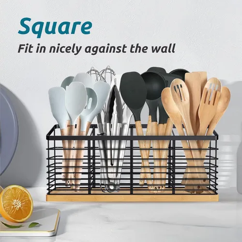 Vista 5 de Suli - Soporte extra grande para utensilios de cocina, 4 compartimentos, color negro Metal Utensil Holder with Wooden Base for Countertop, Rustic