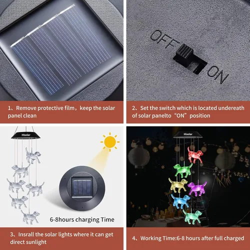 Vista 5 de Campanillas de Viento Solares de Cristal de Perro para Exteriores que Cambian de Color Luces Solares Móviles LED Campanillas de Viento con Energía