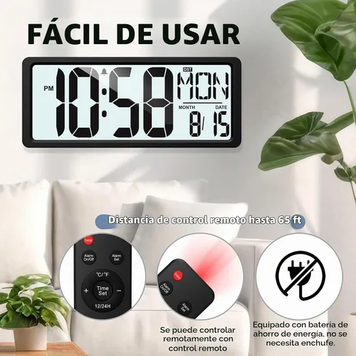 Vista 2 de XREXS Reloj de pared digital grande, funciona con pilas y retroiluminación Negro