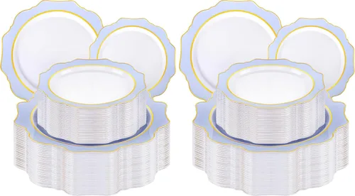 Vista 17 de WDF 100 piezas de platos de plástico azul - Platos desechables azul claro - Platos de plástico con borde festoneado resistente