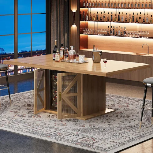 Vista 8 de LVB Mesa de comedor para 4-6, moderna mesa de comedor de madera, mesa de cocina rectangular de granja con espacio de almacenamiento y refrigerador