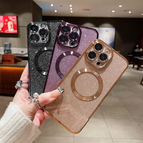 Vista 7 de aowner Funda magnética para iPhone 14 Pro Max con purpurina, chapado de lujo, bonito brillante con protector de lente de cámara, compatible