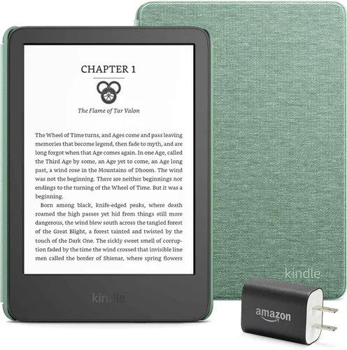 Vista 6 de Paquete Kindle Essentials, que incluye Kindle (versión 2024) negro, funda de tela (negra) y adaptador de corriente