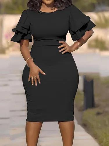 Vista 2 de Vestido de tubo midi de talla grande para mujer, elegante manga con volantes, cuello redondo, entallado, vestido formal para fiesta de cóctel