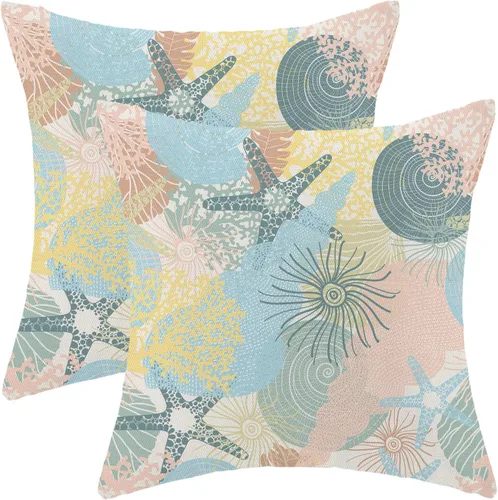Vista 8 de Juego de 2 fundas de almohada de verano de 16 x 16 pulgadas, diseño de estrella de mar, coral y conchas marinas, fundas decorativas de lino