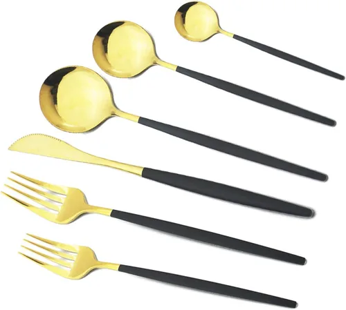 Vista 21 de Juego de cubiertos de 10 piezas – Utensilios de acero inoxidable 304 negro, tenedores, cucharas, cuchillos – Cubertería pulido espejo para 2