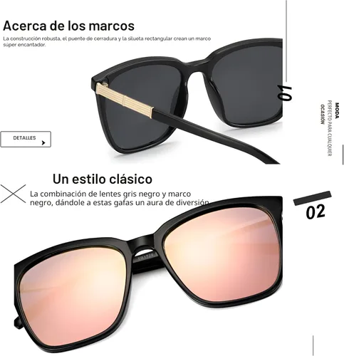 Vista 5 de SIPHEW Gafas de sol cuadradas de gran tamaño para mujer, gafas de sol ligeras de moda, 100% protección UV400, sombra de espejo de moda