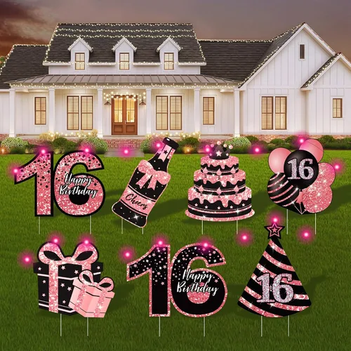 Vista 16 de Decoraciones de cumpleaños número 13 para niñas - 7 piezas de letreros de cumpleaños rosas para el patio con estacas, 2 piezas de luces LED Rosa 13