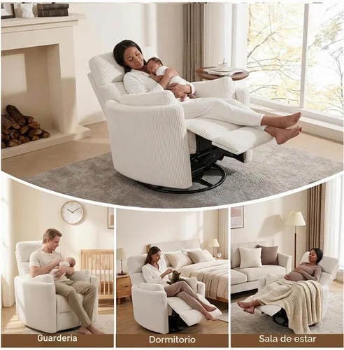 Vista 9 de Mecedora de gran tamaño con USB, 2 almohadas, color crema Blanco crema