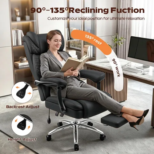 Vista 4 de Silla de oficina grande y alta, silla de computadora de escritorio con reposapiés para personas pesadas, silla ejecutiva de juegos de gran