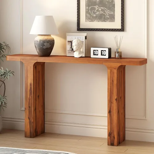 Vista 18 de Mesa consola de madera de 45 pulgadas para mesa de entrada, consola minimalista estrecha retro de granja con madera de mango maciza, mesas de sofá