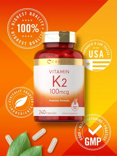 Vista 6 de Suplemento de vitamina K2 Carlyle 100 mcg K2 MK-4 240 cápsulas Sin OGM y sin gluten