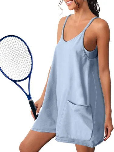 Vista 2 de NATRAKI Vestido atlético para mujer, minivestido de tiro caliente, enterizo de gran tamaño, bolsillos y pantalones cortos integrados, verano 2023