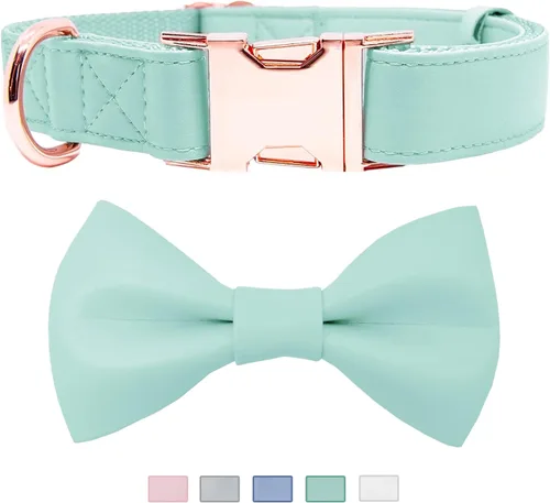 Vista 13 de Collar de cuero suave para perro, ajustable, lindo collar de pajarita [fácil de limpiar] con elegante hebilla de metal resistente de oro rosa