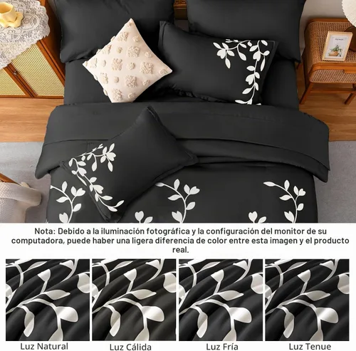 Vista 5 de Juego de edredón tamaño King, 7 piezas con estampado botánico floral blanco en negro, juego de edredón con sábanas, juego de ropa de cama